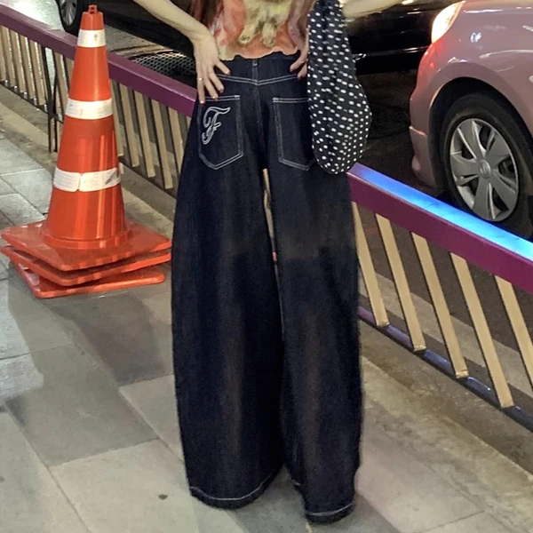 刺绣宽松垂感美式高街a字长裤子