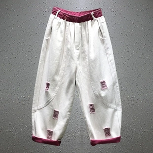 流行夏季 复古松紧腰宽松显瘦九分牛仔裤 女拼色口袋阔腿休闲老爹裤