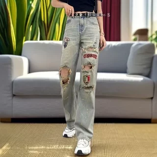 新品高腰显瘦破洞字母刺绣浅色牛仔裤女款夏季薄款小个子直筒裤子