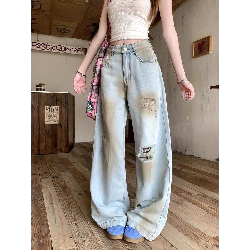 直筒高腰宽松阔腿长裤牛仔裤女