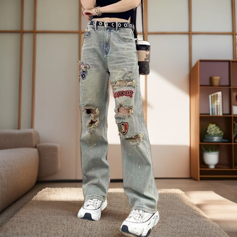 2025夏季新款时尚高腰显瘦破洞水洗做旧牛仔裤女设计感乞丐直筒裤