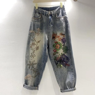 烫钻半松紧腰九分裤 垮裤 女士重工数码 印花刺绣图案潮牌水洗牛仔裤