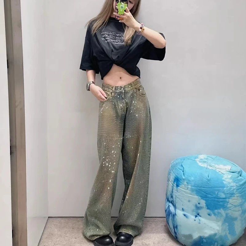 休闲满钻AC风水洗做旧直筒牛仔裤