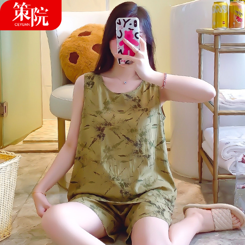 夏季女士薄款背心短裤棉绸睡衣套装加肥加大人造棉绵绸家居服无袖