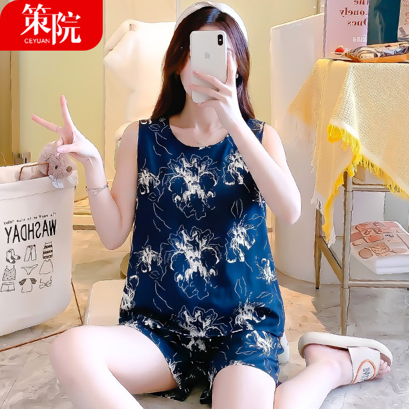 女士棉绸睡衣背心短裤人造棉家居服无袖加肥大码绵绸套装夏季薄款