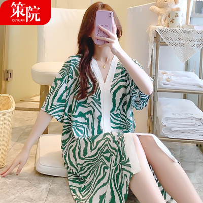 薄款棉绸睡裙女士夏季开衫豹纹