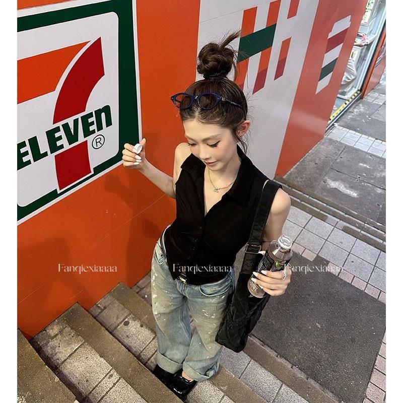 番茄侠波西女郎 时髦polo翻领收腰无袖上衣女单排扣挖肩挂颈背心