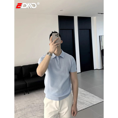淡蓝色polo衫男士短袖t恤夏季2025新款高级感轻熟风翻领上衣男款
