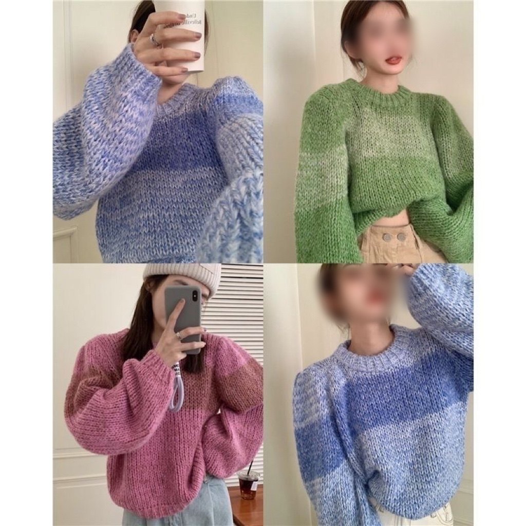 韩版渐变粗线百搭毛衣女新款秋冬高级感温柔圆领长袖针织衫潮条纹