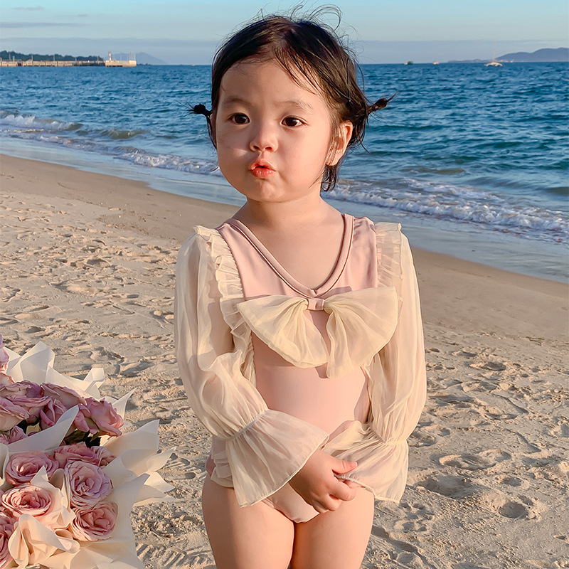 儿童泳衣女孩洋气蕾丝长袖防晒女童连体游泳衣中小童公主度假泳装
