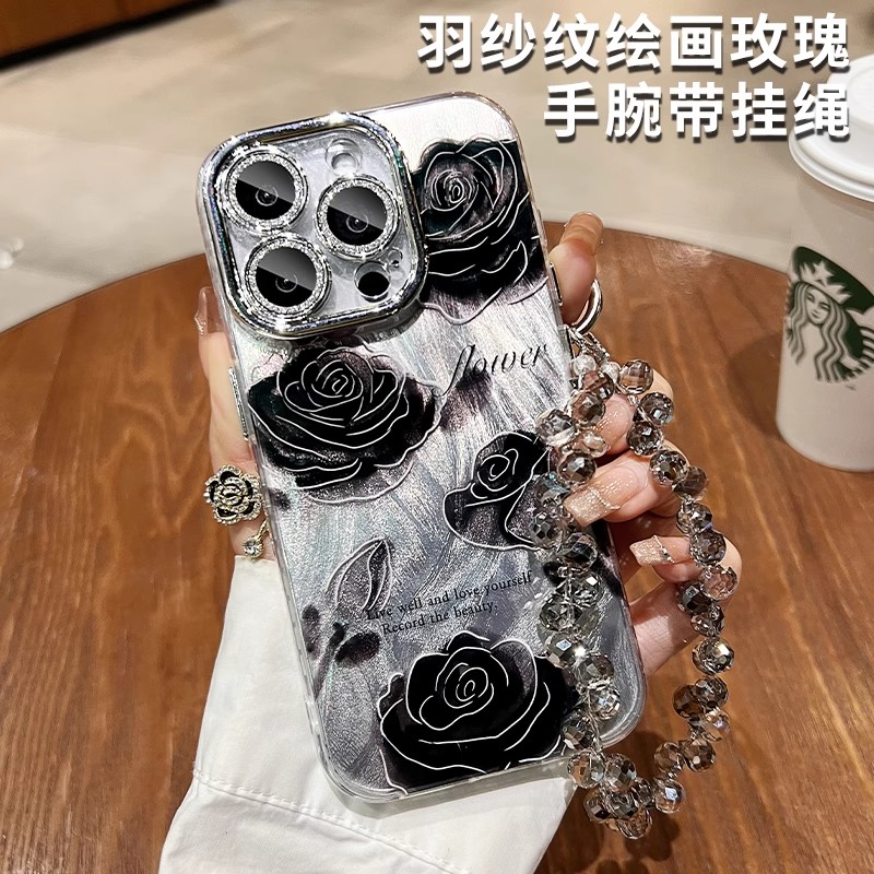 黑色玫瑰适用于小米15手机壳卡通红米k80至尊版Redmik70/60/50新款note14/13/12turbo4全包civi5pro镜头膜