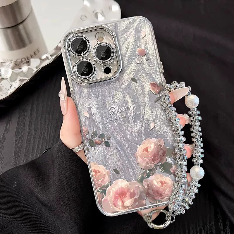 粉色玫瑰适用opporeno16手机壳reno15/14/13/11新款findx9spro高级感8/7女a5x手链A6K保护k12s真我gtneo8外壳