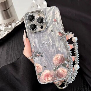 粉色玫瑰适用opporeno16手机壳reno15/14/13/11新款findx9spro高级感8/7女a5x手链A6K保护k12s真我gtneo8外壳
