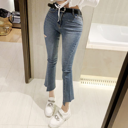 当天发 韩国代购正品QK187复古百搭破洞高腰裤脚开叉微喇牛仔裤ue