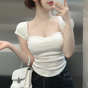 当天发 韩国代购GY107 性感显瘦低领露锁骨白色短袖t恤上衣女
