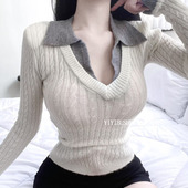 针织衫 当天发 LZ231性感拼色小翻领 气质百搭修身 韩国代购 正品