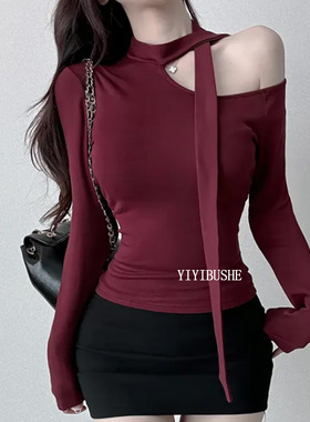 韩国代购正品PS169气质女人味 性感露肩飘带领显身材拉绒长袖t恤