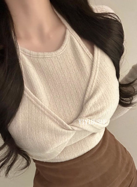 韩国代购正品 LR578小众设计感~气质女人味挂脖扭结长袖T恤上衣he