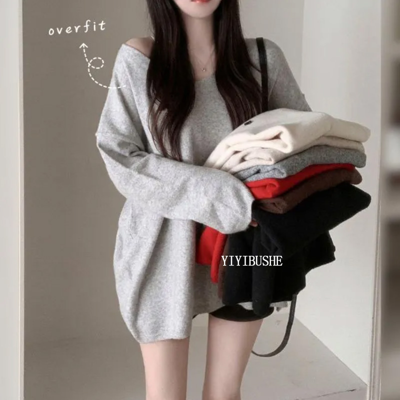 性感慵懒风露肩大v领宽松针织衫