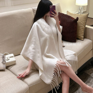 韩国代购正品PQ018轻奢高级感 巨好看真狐狸毛领流苏毛呢披肩外套