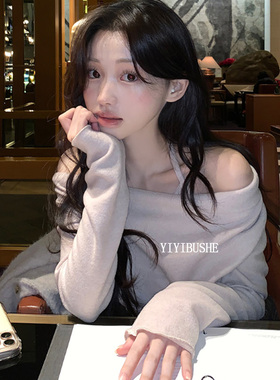 韩国代购正品PR182甜美约会装 纯欲风一字领挂脖温暖拉绒长袖上衣