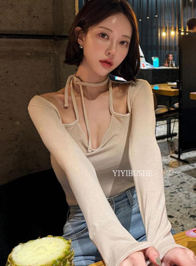 当天发 韩国代购正品 GS206性感纯欲女人味露锁骨系带挂脖长袖t恤