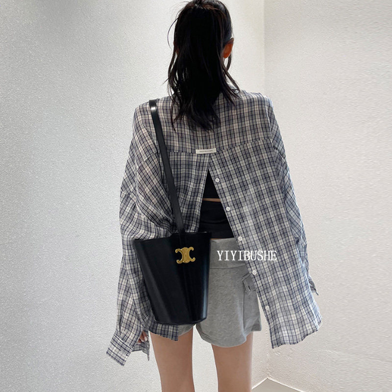 后背大开叉复古格子防晒衬衫