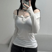 正品 PP083绝美好看秋季 上衣 韩国代购 性感翻领露肩显身材长袖 t恤