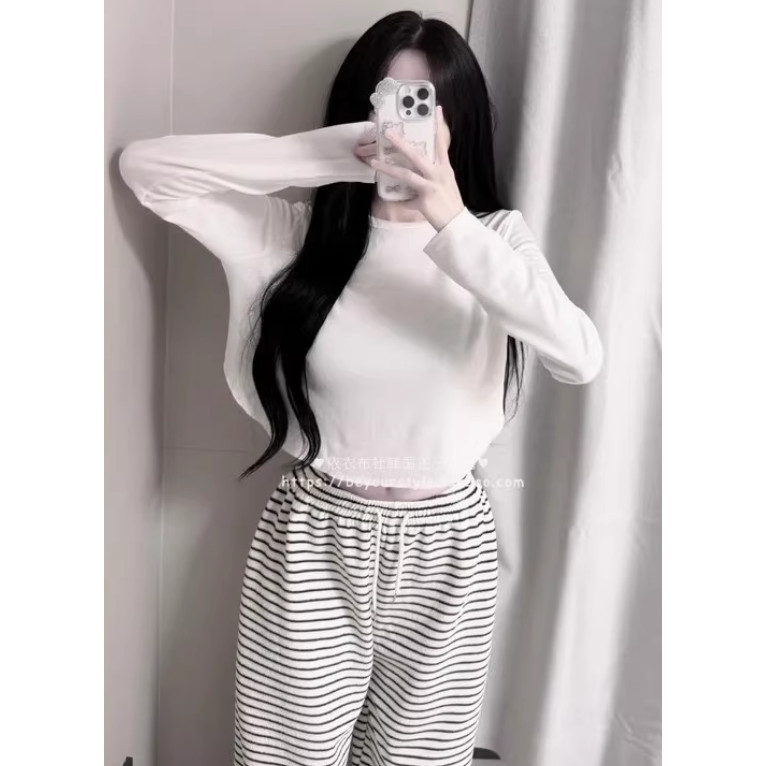 韩国代购正品 LS273日常基础款~网红纯欲风白色加绒慵懒风长袖T恤,女装/女士精品,T恤,淘宝优惠券,粉丝福利购,淘宝优惠卷