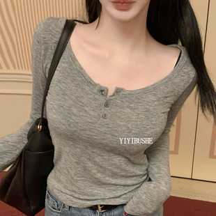 韩国代购正品 LS051柔软亲肤~性感女人味U领修身长袖打底衫T恤at