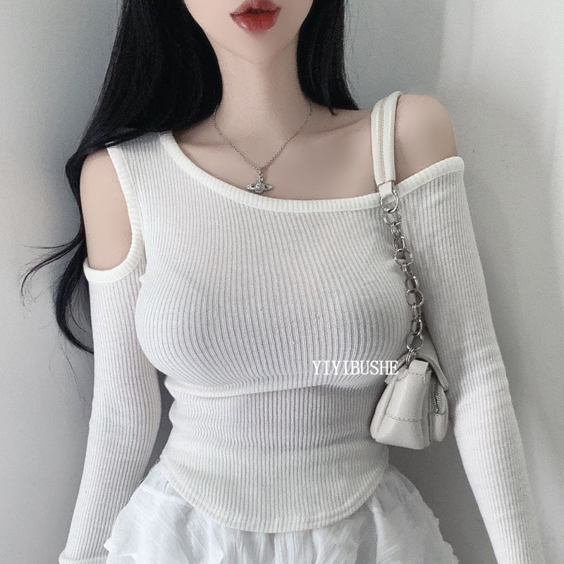 韩国代购正品 LW210别致设计感~纯欲女人味露肩紧身长袖T恤上衣be