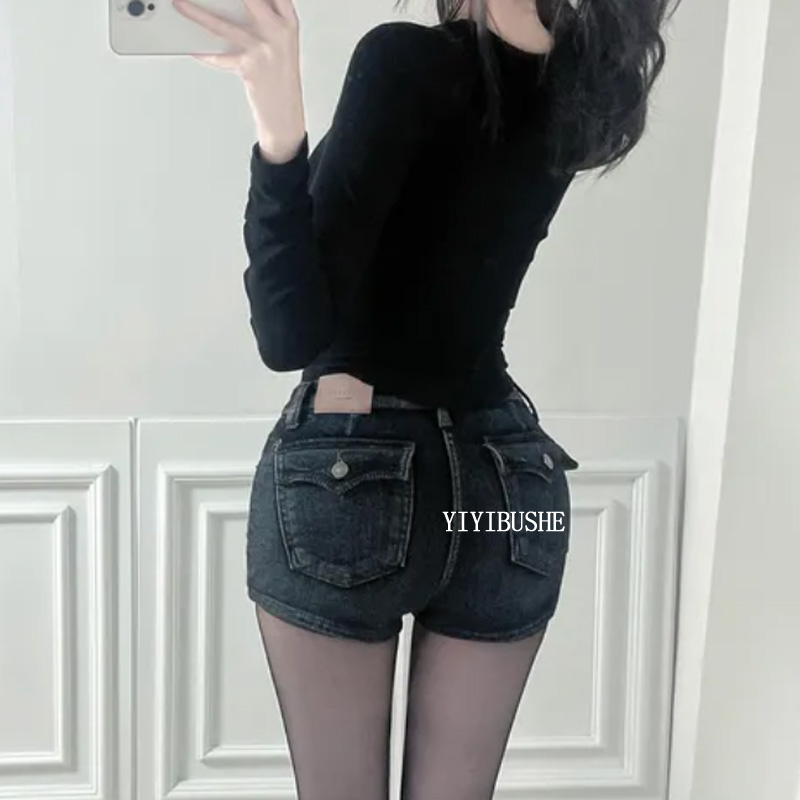 显瘦高腰紧身包臀拉绒牛仔短裤