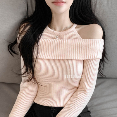 性感女人味挂脖露肩修身针织衫