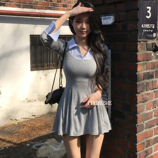 韩国代购PY107闺蜜直呼太会穿 纯欲风拼接翻领显瘦百褶连衣裙
