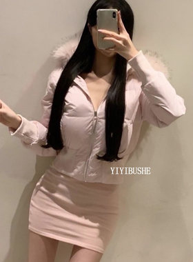 纯欲风掐腰毛毛领连帽棉服外套