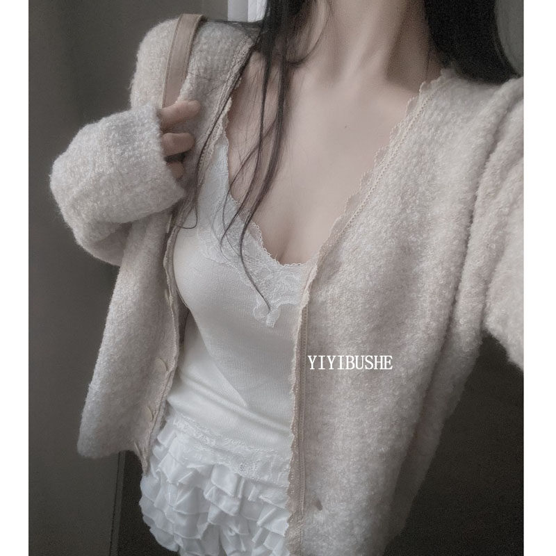 纯欲女人味蕾丝边宽松针织开衫