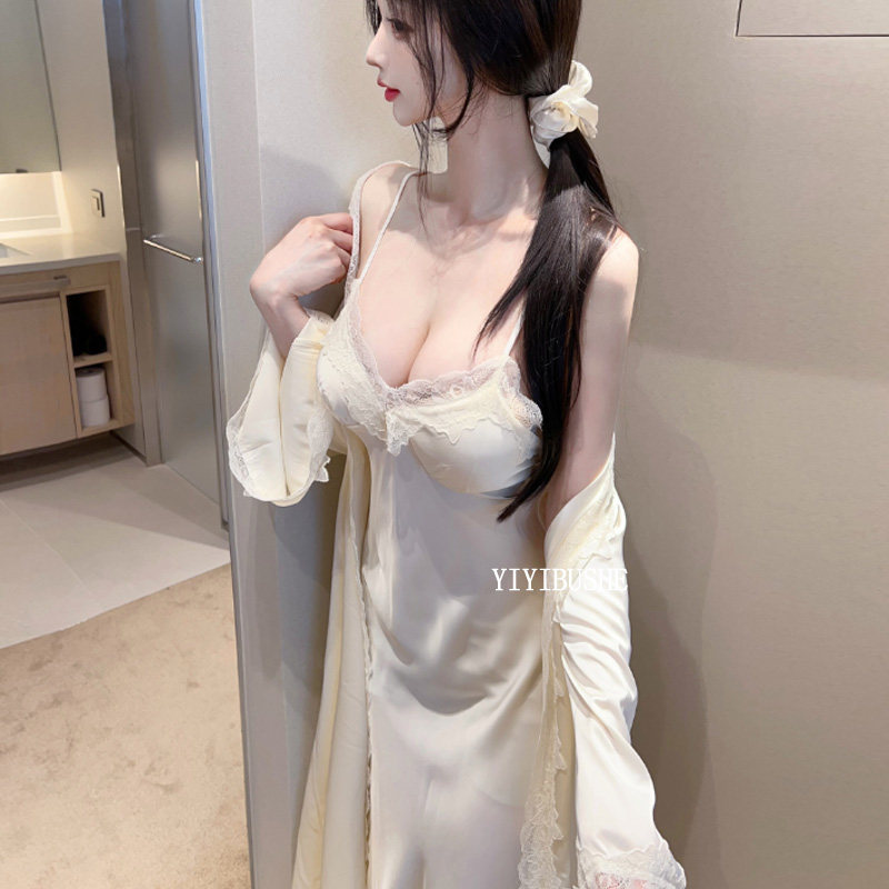 蕾丝吊带睡裙长款外披睡衣套装