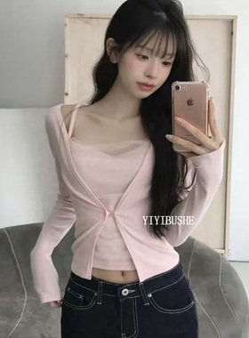 韩国代购正品PU032纯欲高级感 超漂亮网纱拼接吊带长袖t恤假两件