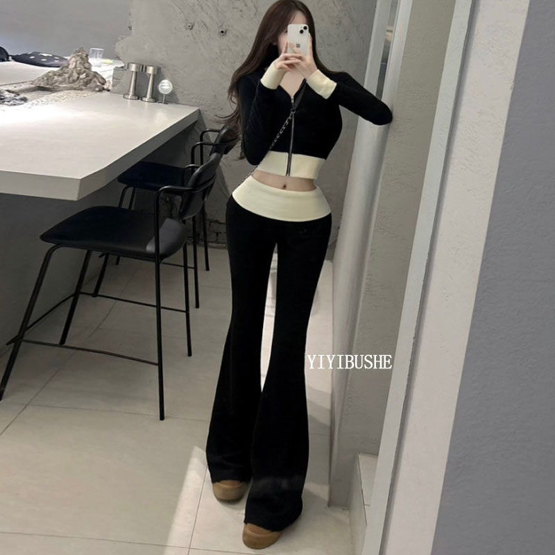 女人味撞色连帽外套+休闲裤套装