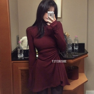 巨好看捏褶掐腰拉绒高领连衣裙女 PR272高级感女人味 韩国代购 正品