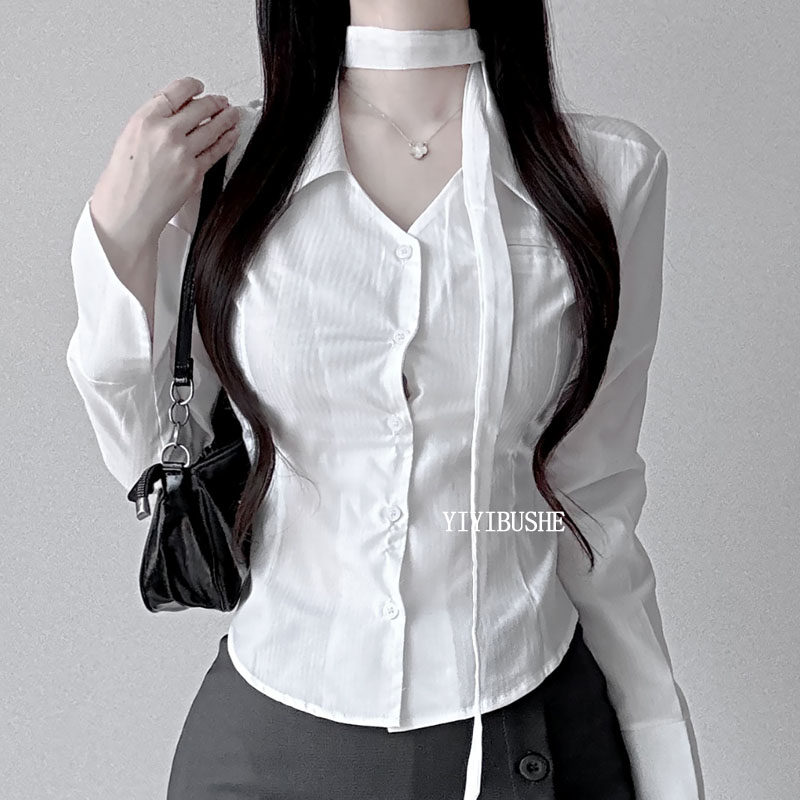纯欲女人味翻领绑带收腰衬衫上衣