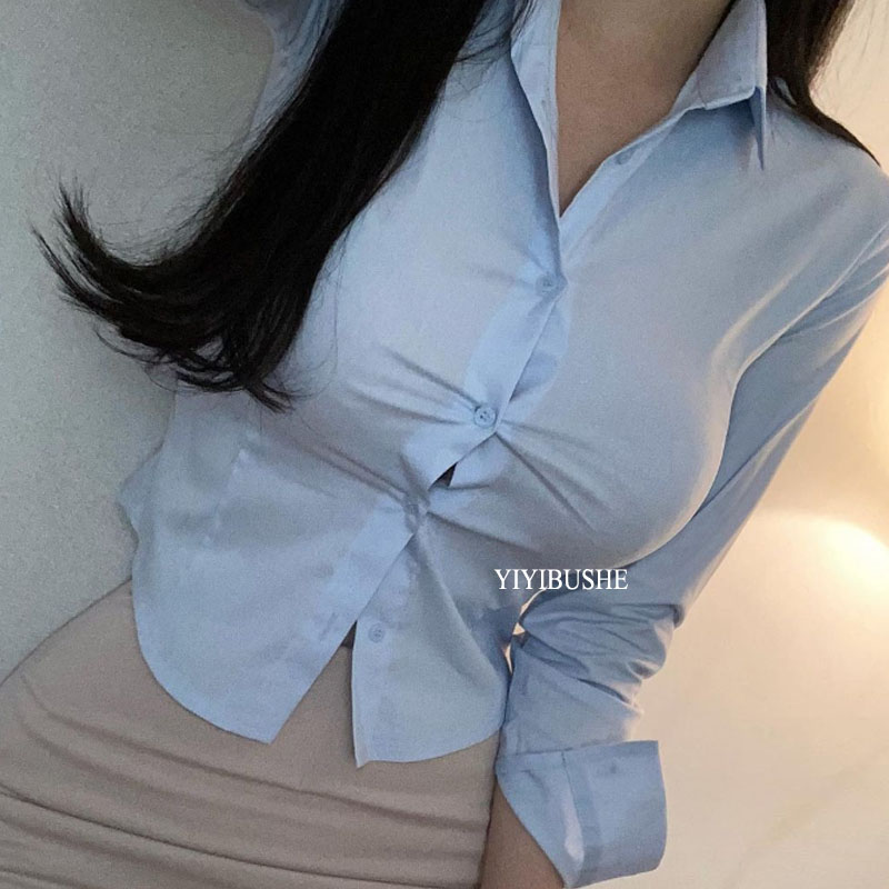 性感女人味显身材天蓝色衬衫
