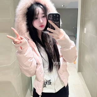 韩国代购正品 LQ172奶呼呼的粉色~甜美女人味连帽加厚羽绒服外套