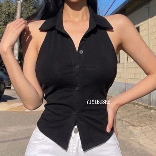 性感女人味翻领无袖T恤上衣