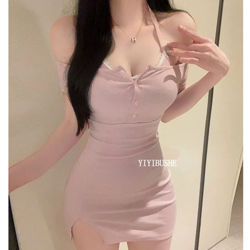 性感女人味挂脖露肩包臀连衣裙