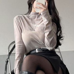 气质半高领显瘦丝绒长袖 PR281高级感女人味 t恤上衣 正品 韩国代购