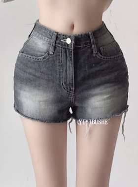 韩国代购正品 PJ160夏日甜辣风 性感毛毛流苏显瘦烟灰色牛仔短裤