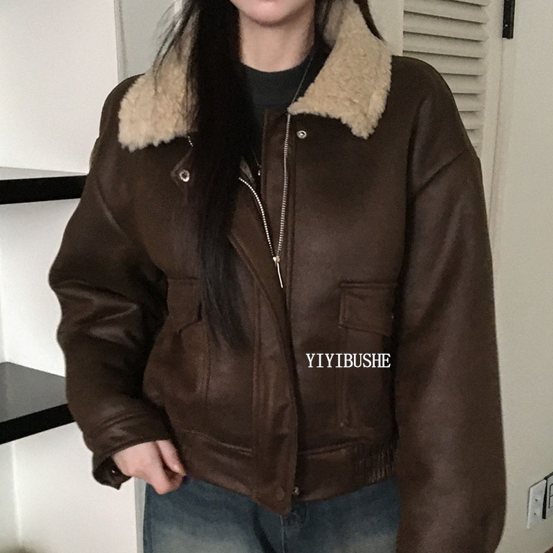 气质女人味翻领做旧羊羔毛外套