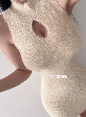 韩国代购正品 LP285性感显身材~女人味镂空显胸毛绒绒无袖连衣裙