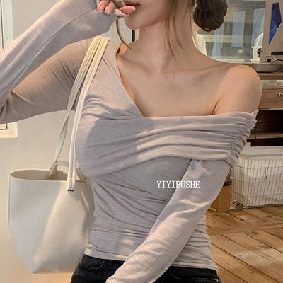 纯欲女人味露肩修身长袖T恤上衣